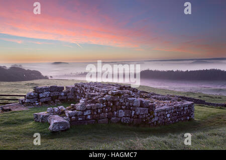 Römisches Kastell Housesteads, bleibt das Osttor, Südturm gesehen in der Morgendämmerung mit tiefliegenden Nebel im Hintergrund Stockfoto