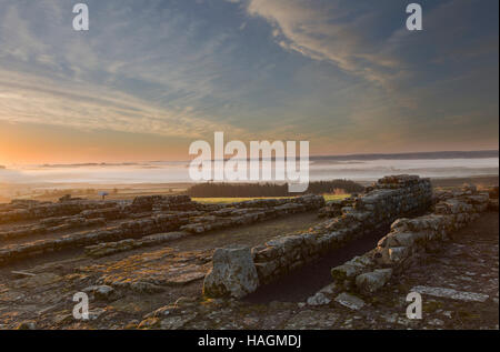 Housesteads Roman Fort - bleibt von den äußeren Baracke Block (13) in der Morgendämmerung mit tiefliegenden Nebel im Hintergrund zu sehen Stockfoto