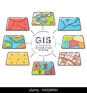 Vektor-Illustration von GIS Geodaten Schichten Konzept für Business-Analyse, geografische Informationen Systemdesign, Symbole, Linie Stock Vektor