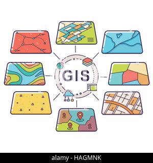 Vektor-Illustration von GIS Geodaten Schichten Konzept für Business-Analyse, geografische Informationen Systemdesign, Symbole, Linie Stock Vektor