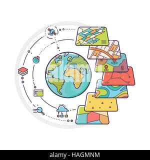 Vektor-Illustration von GIS Geodaten Schichten Konzept für Business-Analyse, geografische Informationen Systemdesign, Symbole, Linie Stock Vektor