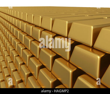 3D-Illustration Tausender gold Barren stapeln hoch, die enormen baahm oder Vermögenswerte darstellen. Stockfoto