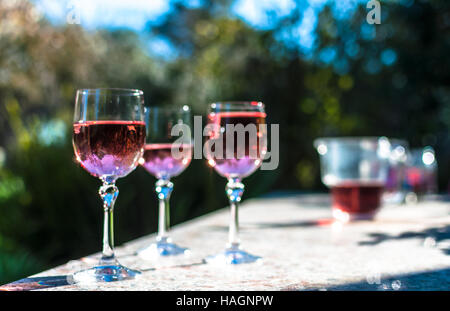 Rosa Wein in Stielgläser auf einem Tisch in einem Garten an einem sonnigen Tag Stockfoto