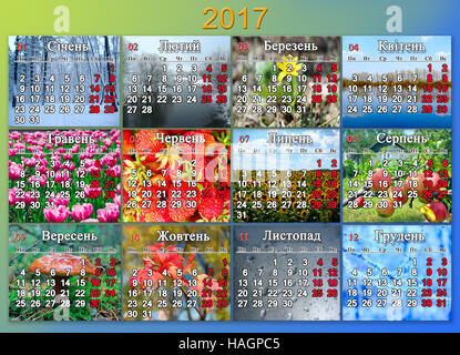 Kalender für das Jahr 2017 mit Foto der Natur für jeden Monat mit Inschriften Wochentage und Monate in ukrainischer Sprache Stockfoto