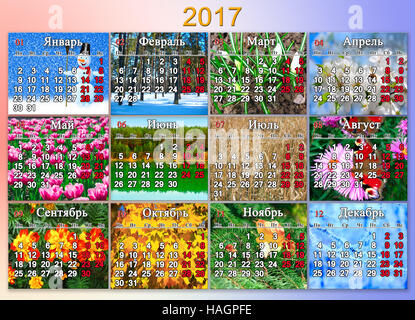 Kalender für das Jahr 2017 mit Foto der Natur für jeden Monat mit Inschriften Wochentage und Monate in russischer Sprache Stockfoto