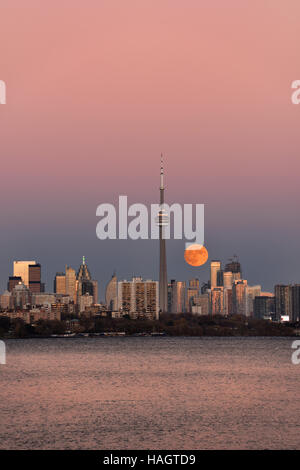 Roten Supermoon steigt über Downtown Toronto am 13. November 2016 mit rosa Himmel und Wasser Stockfoto