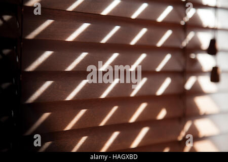 Sonnenlicht durch Holzjalousien in einem Lounge-Fenster zeigen Stockfoto