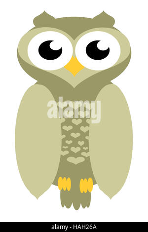 Einfache, klassische, braune Eule Illustration, Logo oder Cartoon isoliert auf einem weißen Hintergrund. Stockfoto