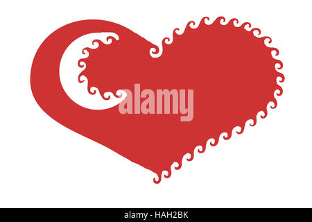 Schlicht, elegant, schlicht, stilisierte rote Herzen Abbildung mit eleganten Strudeln und ein weißer Halbmond Highlight isoliert Stockfoto