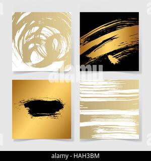 Satz von vier schwarzen und goldenen Tinte Bürsten Grunge quadratisches Muster Stock Vektor