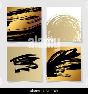 Satz von vier schwarzen und goldenen Tinte Bürsten Grunge quadratisches Muster Stock Vektor