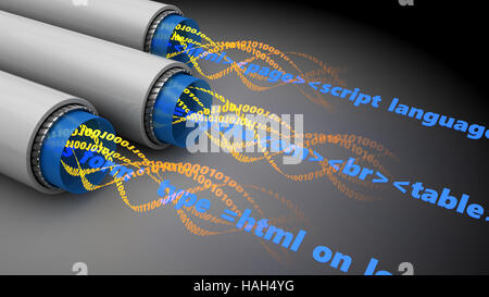 3D Abbildung der Glasfaser mit Internetcode innen Stockfoto