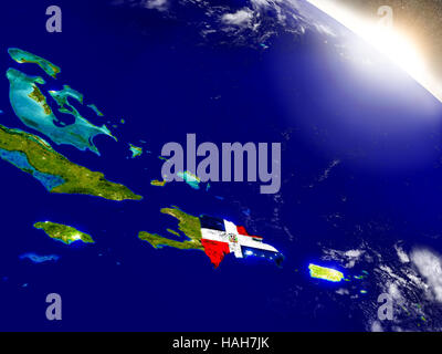 Dominikanische Republik mit eingebetteten Flagge auf der Planetenoberfläche bei Sonnenaufgang. 3D Illustration mit hochdetaillierten realistische Planeten Oberfläche und sichtbaren Stadt Stockfoto