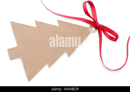 Leere Weihnachtsbaum Geschenk Label mit einem roten Satinband-Bogen Stockfoto