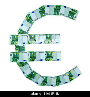 Euro-Symbol gemacht von 100 Euro-Banknoten, die isoliert auf weißem Hintergrund Stockfoto