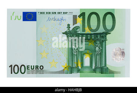 100 Euro Banknote Closeup isolieren auf weiß Stockfoto