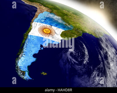 Argentinien mit eingebetteten Flagge auf der Planetenoberfläche bei Sonnenaufgang. 3D Illustration mit hochdetaillierten realistische Planeten Oberfläche und sichtbar Citylights. Stockfoto