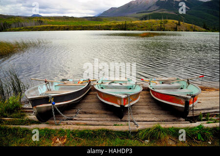 Drei Ruderboote am Talbot Lake im Jasper-Nationalpark Alberta Kanada Stockfoto