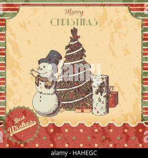 Weihnachten oder Silvester Hand gezeichneten farbigen Vektor-Illustration - Karte, Plakat. Schneemann im hohen Hut, Xmas Tree und Geschenk-Boxen, Stil Vintage Sketch. Rot, grün klassische Grunge Hintergrund. Stock Vektor