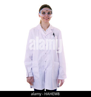 Assistentin-Wissenschaftler im weißen Kittel über isolierte Hintergrund Stockfoto