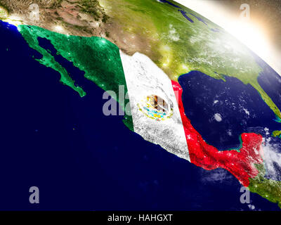 Mexiko mit eingebetteten Flagge auf der Planetenoberfläche bei Sonnenaufgang. 3D Illustration mit hochdetaillierten realistische Planeten Oberfläche und sichtbar Citylights. Ele Stockfoto