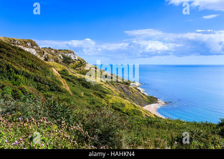 Blick auf Ringstead Bay von der Klippe, Dorset, England, Großbritannien Stockfoto