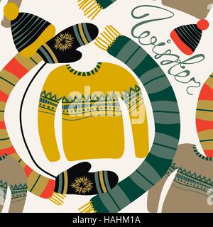 Nahtlose Muster mit Winterkleidung. Warm Woollies. Kleidung für kaltes Wetter. Hüte, Handschuhe, Schal, Pullover mit ornament Stock Vektor