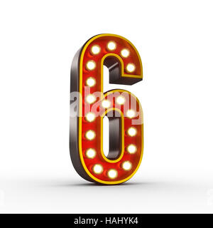 Hochwertige 3D Illustration die Nummer sechs im Vintage-Stil mit Glühbirnen beleuchtet es. Clipping-Pfad enthalten. Stockfoto