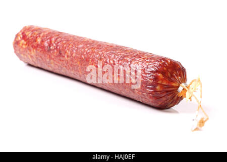 Salami Wurst isoliert auf weiss Stockfoto