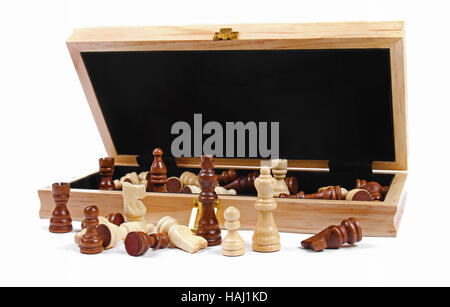 Box mit Schachfiguren Stockfoto