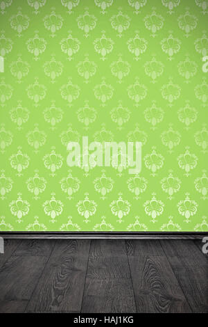 leere Wand mit grünen Blumentapete und Holzboden Stockfoto