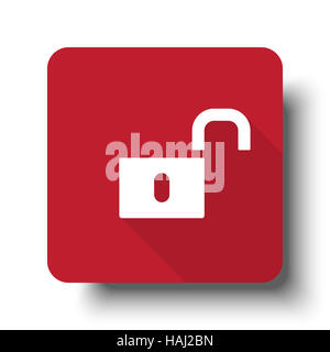 Flache Unlock-Web-Symbol auf roten Button mit Schlagschatten Stockfoto