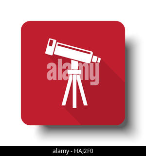 Flache Teleskop-Web-Symbol auf roten Button mit Schlagschatten Stockfoto