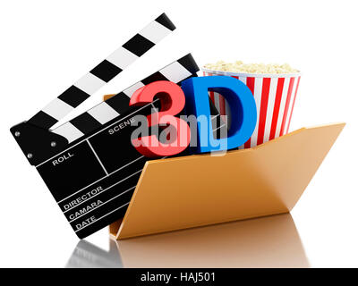 3D Renderer Bild. Ordner mit Kino Klöppel und Popcorn. Kino-Konzept. Isolierten weißen Hintergrund. Stockfoto