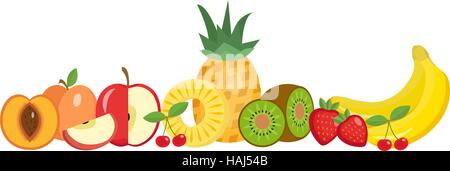 Obst Stillleben gesetzt, isoliert auf weißem Hintergrund. Obst horizontale Banner. Vektor-Illustration. Stock Vektor