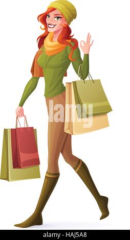 Vektor rothaarige Frau zu Fuß mit Einkaufstüten und zeigt "OK". Stock Vektor
