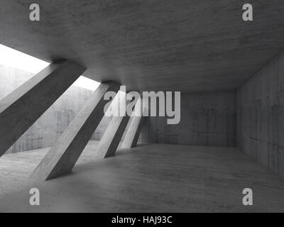 Abstrakt Architektur Hintergrund, leere konkrete Interieur mit diagonalen Säulen und weiße Decke Fenster. 3D illustration Stockfoto