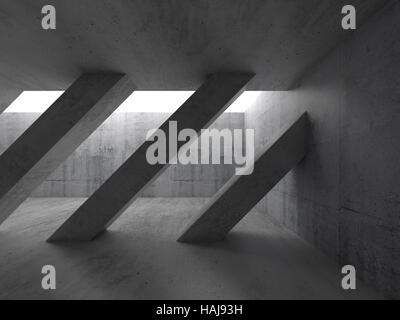 Abstrakt Architektur Hintergrund, leeren dunklen Beton Innenraum mit diagonalen Säulen und weiße Decke Fenster. 3D illustration Stockfoto