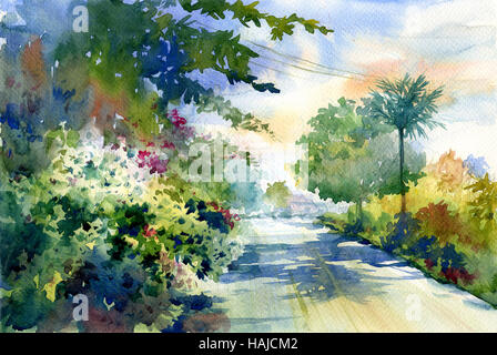 Aquarell von Herbstlandschaft mit einer schönen Straße mit farbigen Bäume Stockfoto