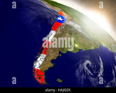 Chile mit eingebetteten Flagge auf der Planetenoberfläche bei Sonnenaufgang. 3D Illustration mit hochdetaillierten realistische Planeten Oberfläche und sichtbar Citylights. Elem Stockfoto