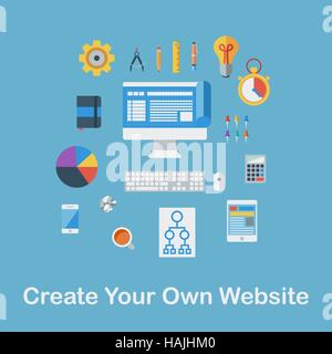 Flaches Design Vektor Illustration Konzept Icons Set. Erstellen Sie Ihre eigene Website. Vektor-Illustration. Stock Vektor