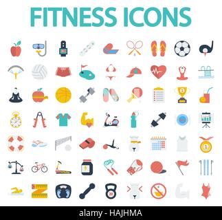 Fitness-Symbole festgelegt. Flache Vektor Symbolsatz Verwandte mit langen Schatten für Web und mobile Anwendungen. Es ist einsetzbar als - Logo, Symbol, Piktogramm, Infografik Stock Vektor