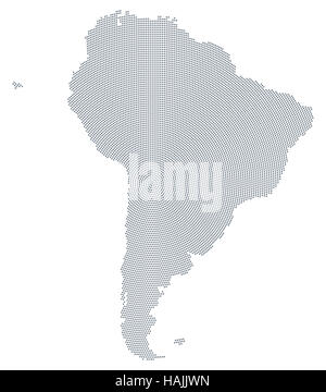 Südamerika-Karte radial Punktmuster. Graue Punkte gehen von der Mitte die Silhouetten des Kontinents bilden. Stockfoto