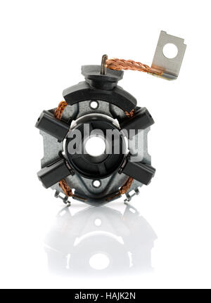 Ersatzteile, Starter-Set von Kohle-Bürsten. Isolieren Sie auf weiß. Stockfoto