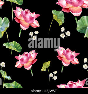 Aquarell Illustration Malerei der Blätter und Lotus, nahtlose Muster auf dunklem Hintergrund Stockfoto