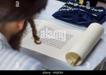 JERUSALEM, ISRAEL - 5. März 2015: Ein Ultra-orthodoxer Jude liest das Buch Esther (Megilla), als Teil der Traditionen des Urlaubs von Purim, in Stockfoto