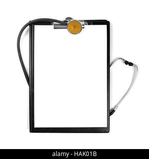 leere Zwischenablage mit Stethoskop isoliert auf weiss Stockfoto