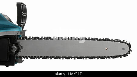Klinge einer Kettensäge isoliert auf weißem Hintergrund Stockfoto
