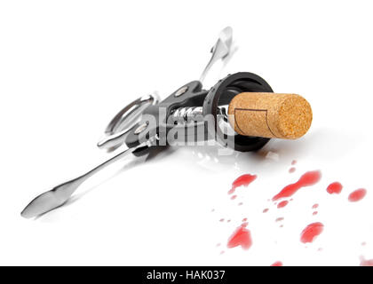 Korkenzieher und roten Wein sinkt Stockfoto