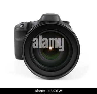 Nahaufnahme der schwarze Fotokamera isoliert auf weiss Stockfoto